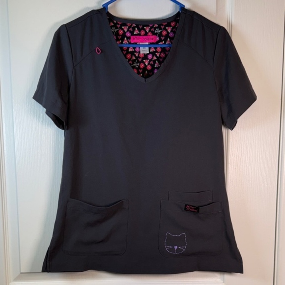 Betsey Johnson Cat V-Neck Scrub Nurse Doctor Pharmacist Size XS EUC #2064